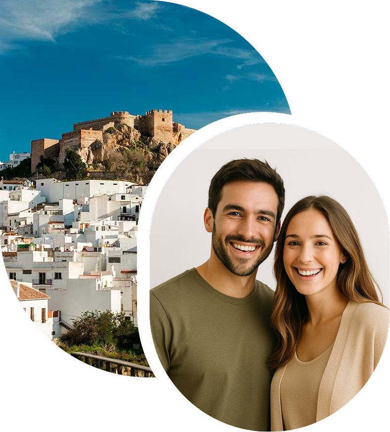 aldea con castillo y pareja feliz